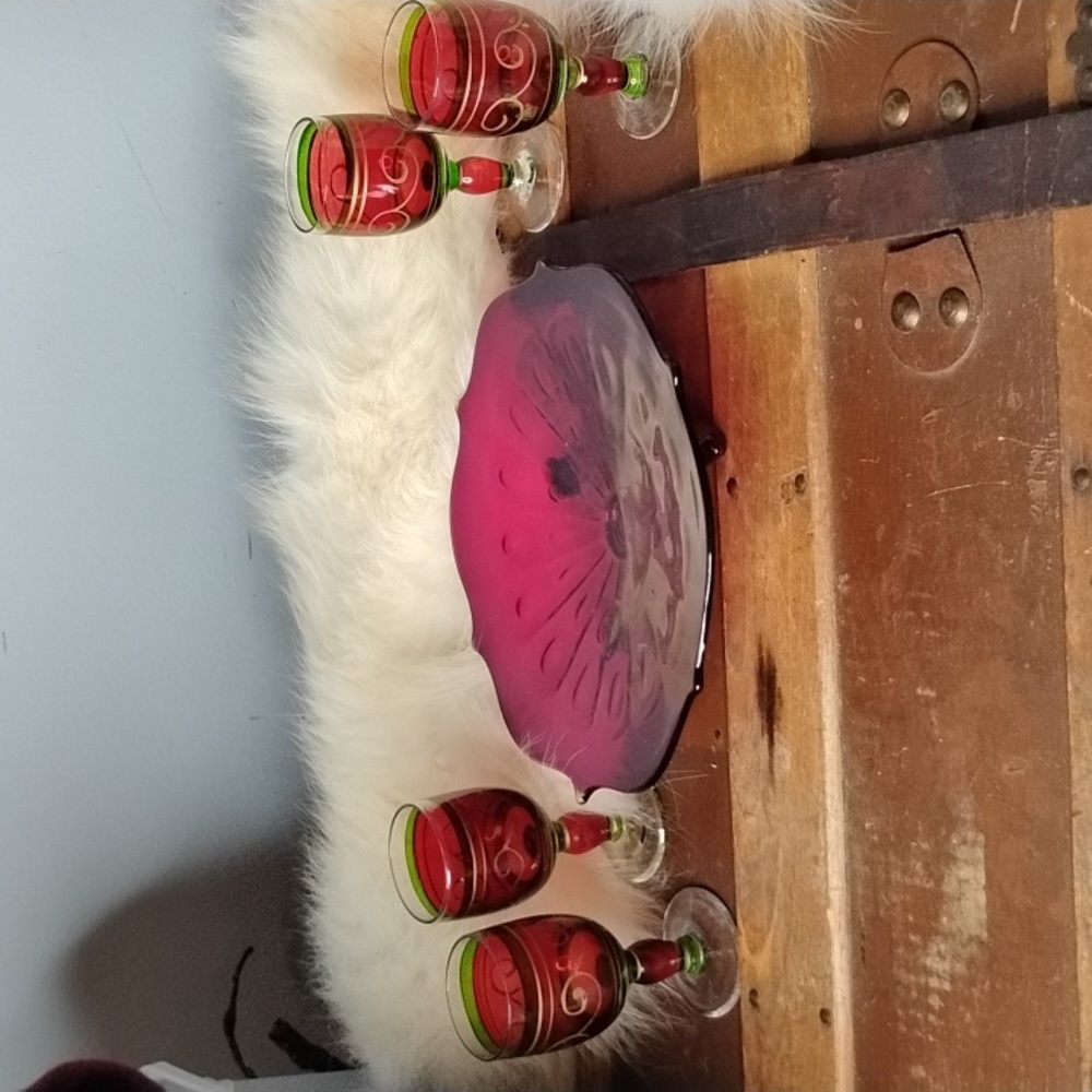 Vintage America Ruby Red and Green Glass Stemware Set with Matching Charger